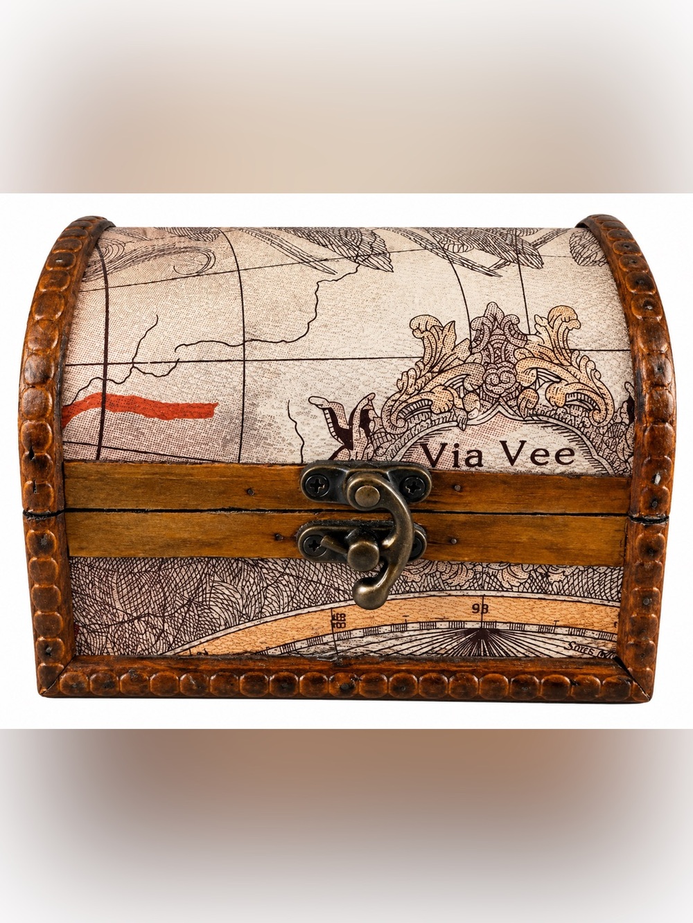 Wooden Treasure Chest Box Antique World Map Rustic Trinket Keepsake Jewelry Box